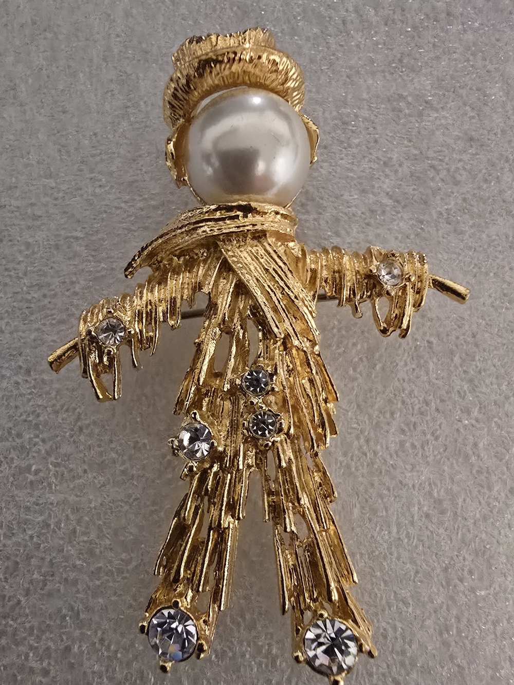 Gold-tone Scarecrow Brooch with Faux Pearl Head and Clear Rhinestones